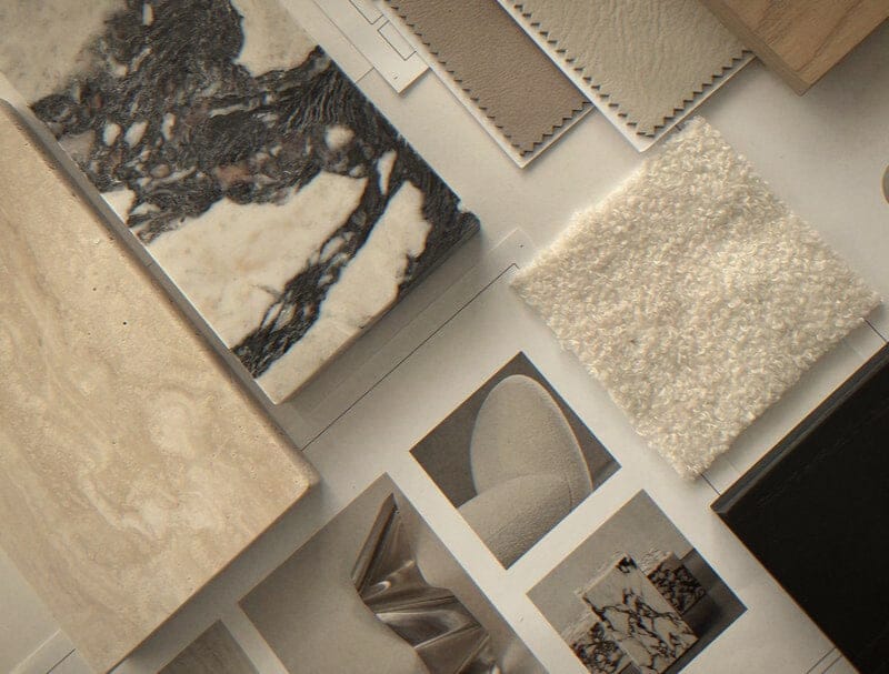 Material board with travertine, marble and bouclé