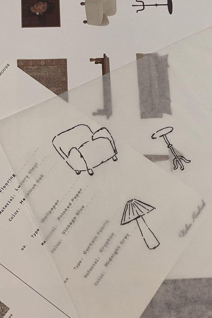 Hand sketches of furniture, lamps and fabric swatches on paper