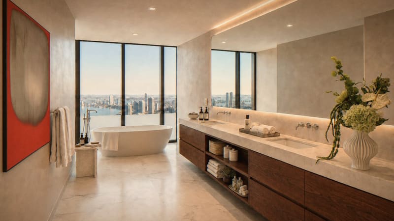 Bathroom with freestanding tub, walnut vanity and red painting