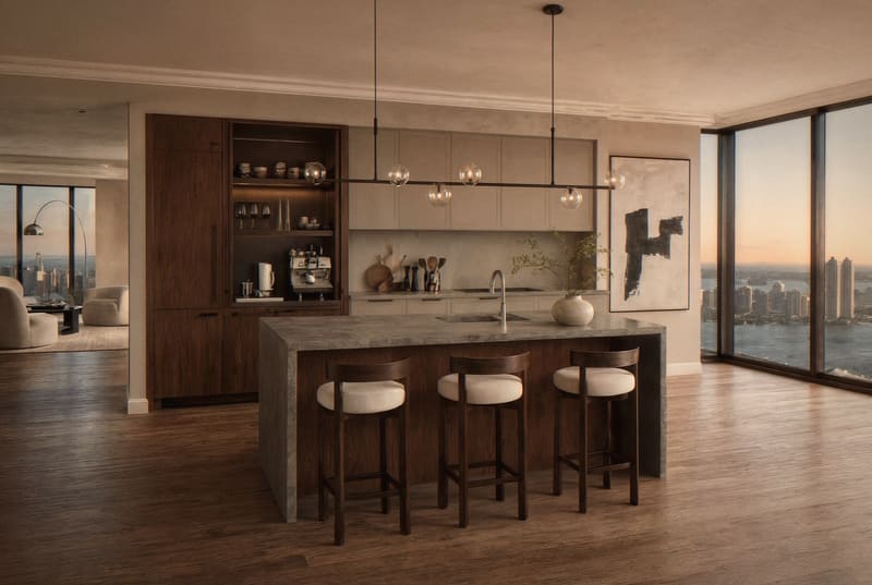 Walnut kitchen with a stone island and counter stools
