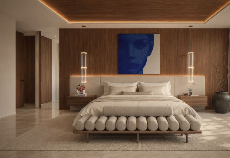 Master bedroom with walnut wall and blue portrait