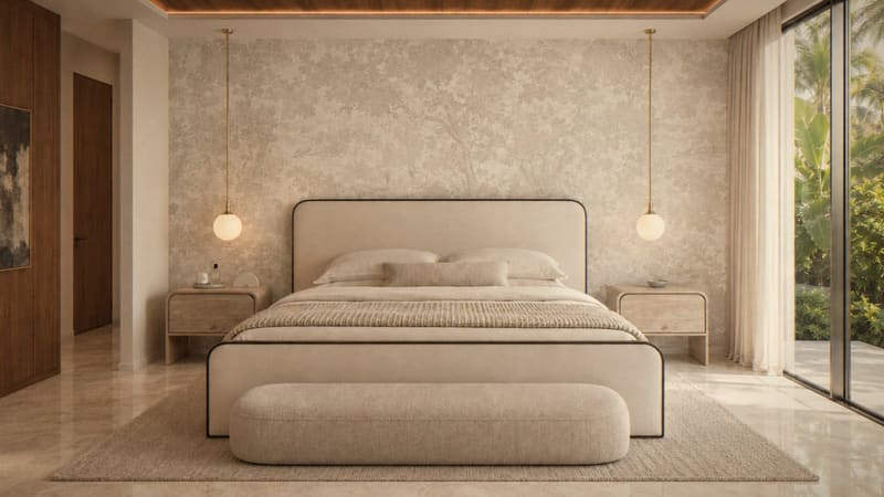 Master bedroom with a botanical mural, upholstered bed and brass pendant lights