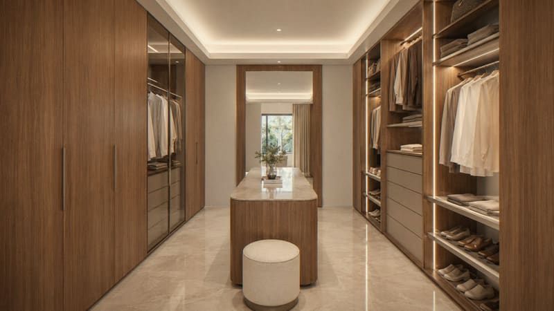 Walnut walk-in closet with a central island