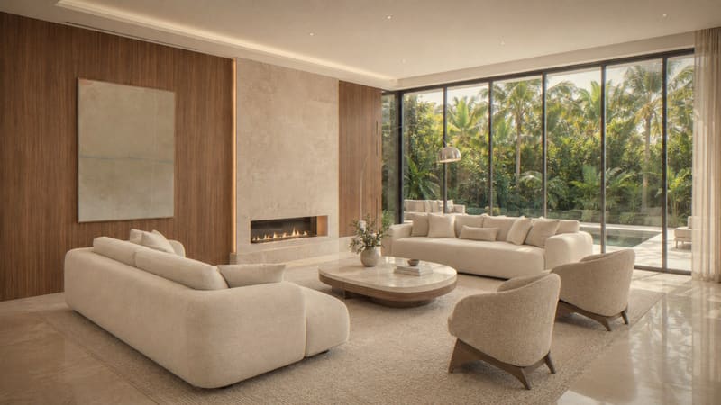 Living room with curved cream sofas, fireplace and a glass wall to the garden