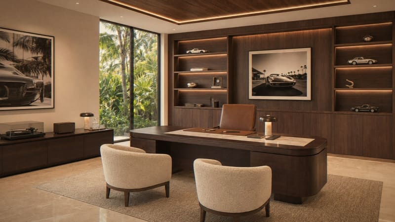 Home office with walnut shelving and leather desk