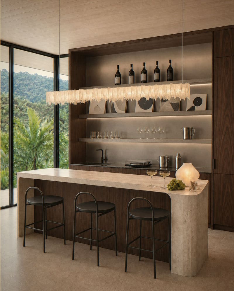 Bar with walnut shelving and a crystal pendant