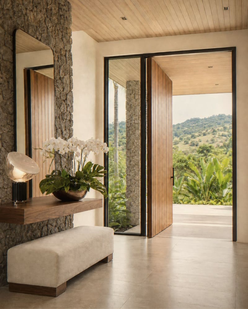 Entrance with stone column, timber door and orchids