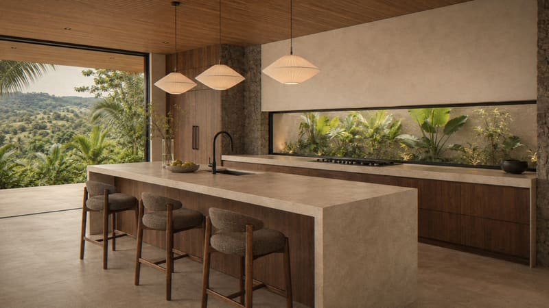 Open kitchen with stone island and a window to the jungle