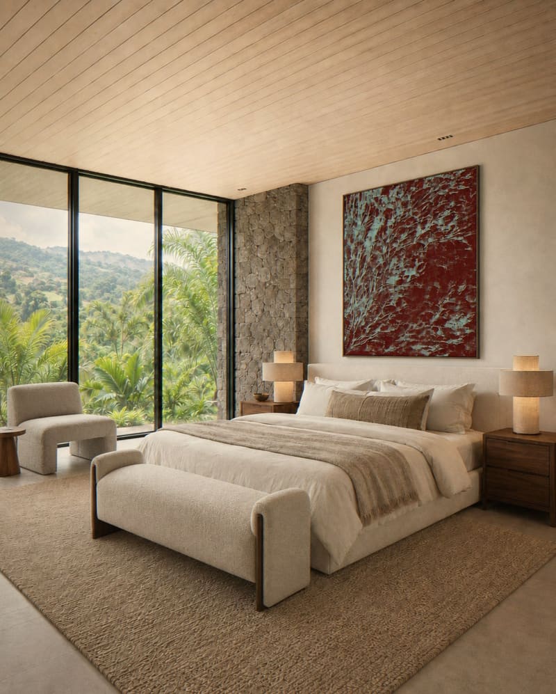 Master bedroom with red artwork and stone wall